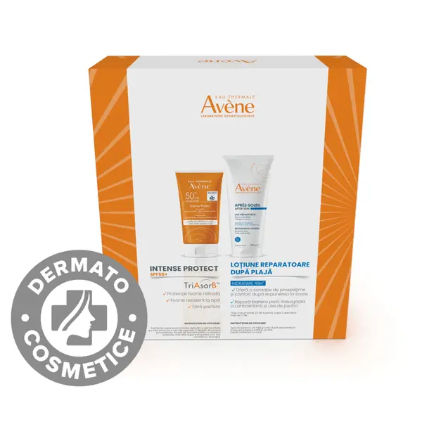 Pachet Lotiune protectie solara cu SPF50+ Intense Protect 150ml + Lotiune reparatoare dupa plaja Sun Care 200ml, Avene