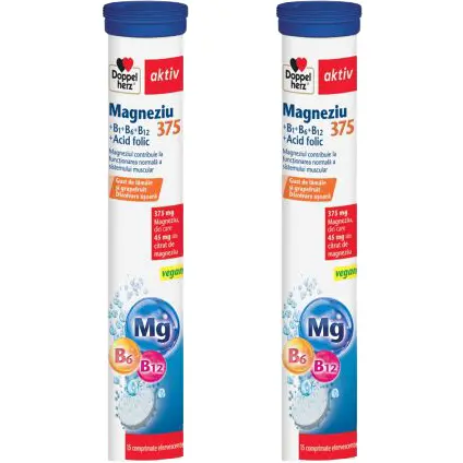 Pachet Magneziu 375mg + Vitaminele B1, B6, B12 + Acid Folic Aktiv 15cpr + 15cpr efervescente
