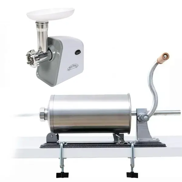 Pachet Masina de Tocat Carne Electrica, 500W, 50-70 kg/h + Masina de Umplut Carnati Orizontal Inox 4 kg, 5 palnii incluse