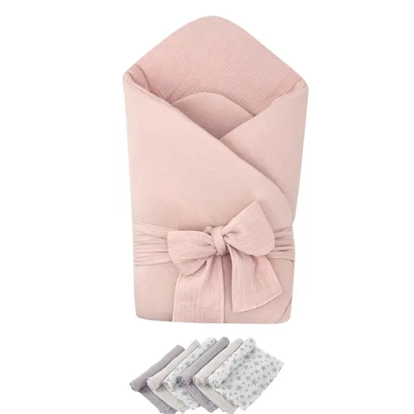 Pachet Paturica de infasat Pink, Qmini, Din muselina dubla si 6 scutece 35x35 cm din muselina de bambus