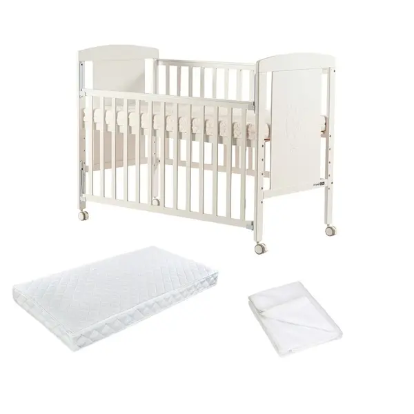 Pachet Patut din lemn bebe, 120x60 cm, Cu laterala culisanta, FreeON, Mia, Saltea 120x60x12 cm si protectie impermeabila
