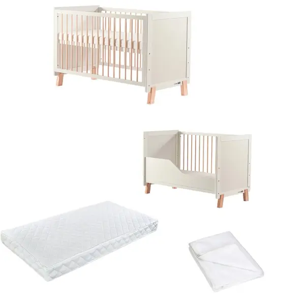 Pachet Patut din lemn bebe, 120x60 cm, Transformabil, FreeON, Ava, Saltea 120x60x12 cm si protectie impermeabila