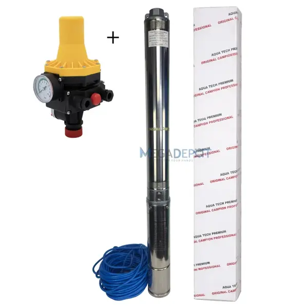 Pachet Pompa submersibila de mare adancime + Prescontrol automat, Aqua Tech Premium, Inox, 16 turbine, 12mc h, H 200m, 30m cablu