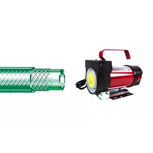 Pachet pompa transfer combustibil, 12V cu autoamorsare + Furtun pentru combustibil, PVC, insertie textila, rola 10m