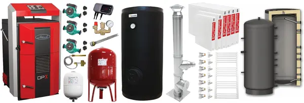 Pachet premium Cazan (centrala) pe combustibil solid, Attack DPX Standard cu gazeificare, 45 kW, Puffer 1000 litri, calorifere otel, cos inox, boiler, 2 x vas expansiune, 3 x pompe circulare, controller pompa, grup siguranta si vana sts