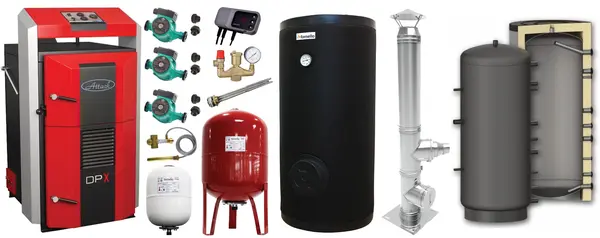 Pachet premium Cazan (centrala) pe combustibil solid, Attack DPX Standard cu gazeificare, 45 kW, Puffer 1000 litri, cos inox, boiler de sol cu rezistenta, 2 x vas expansiune, 3 x pompe circulare, controller pompa, grup siguranta si vana sts