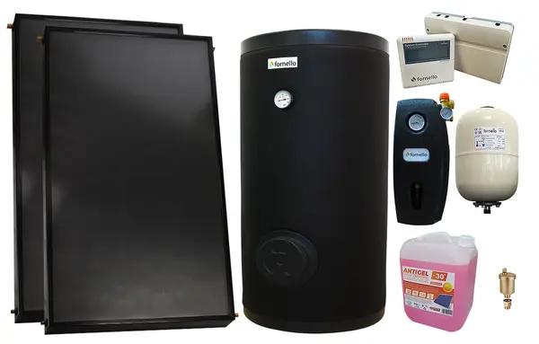 Pachet premium sistem solar presurizat, 2 x Panou solar plan Fornello 2.0 m² SPFP, Boiler cu 2 serpentine FORNELLO SOL 200 LT 2S, grup pompare, controller, vas expansiune, antigel, aerisitor 1/2
