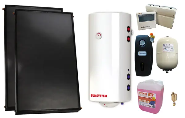 Pachet premium sistem solar presurizat, 2 x Panou solar plan Fornello 2.0 m² SPFP, Boiler cu 2 serpentine si rezistenta electrica Sunsystem BB NL2 150 PRL 3KW, grup pompare, controller, vas expansiune, antigel, aerisitor 1/2