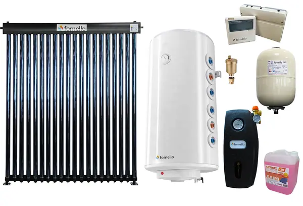 Pachet premium sistem solar presurizat, panou Fornello 20 Tuburi Heat Pipe, Boiler cu 2 serpentine Fornello Optima GCV7/4S 150 l, controller, vas expansiune, grup pompare, aerisitor 1/2, antigel
