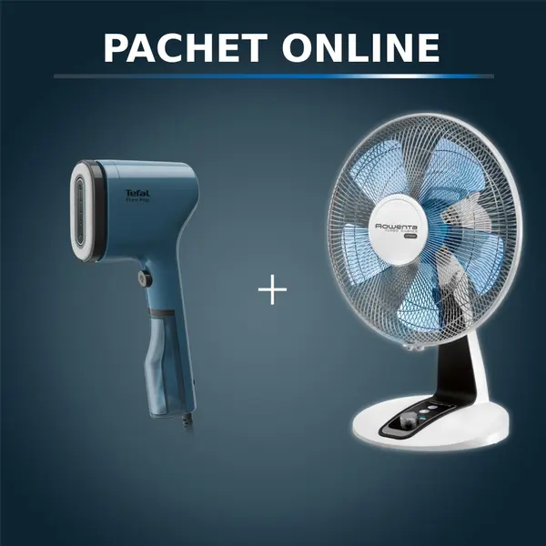 Pachet PROMO Aparat de călcat vertical PURE POP Tefal DT2020E1 & Ventilator de birou Rowenta Turbo Silence Extreme VU2630F0