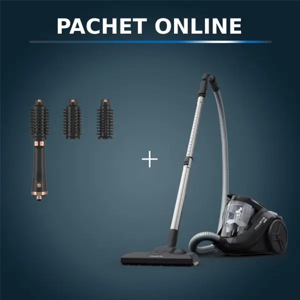 Pachet PROMO Aspirator fara sac Rowenta Compact Power Cyclonic RO3725EA 750W si Peria rotativă cu aer cald Rowenta Ultimate Experience CF9620F0