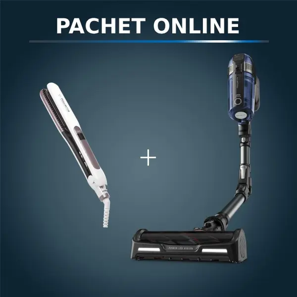 Pachet PROMO Aspirator vertical fara fir Rowenta X-Force Flex 12.60 cu mop Aqua RH98C8WO si Placa de indreptat parul Rowenta Brush&Straight Premium Ca