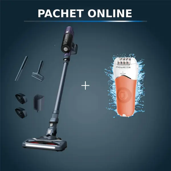 Pachet PROMO Aspirator vertical fără fir Rowenta X-Pert 6.60 Essential RH6838WO & Epilator Rowenta Aqua Soft EP4920F0 4 accesorii