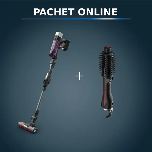 Pachet PROMO Aspirator vertical Rowenta X-Force Flex 9.60 Allergy RH2048WO & Peria rotativă cu aer cald Rowenta Karl Lagerfeld Pro Stylist CF961LF0