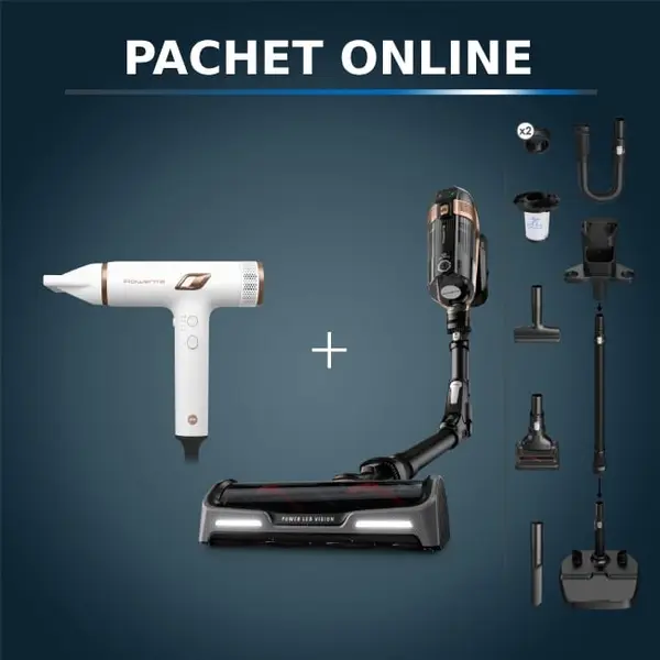 Pachet PROMO Aspirator vertical Rowenta X-Force Flex15.60 RH99F1WO & Uscator de par compact Rowenta Nano HY8140F0