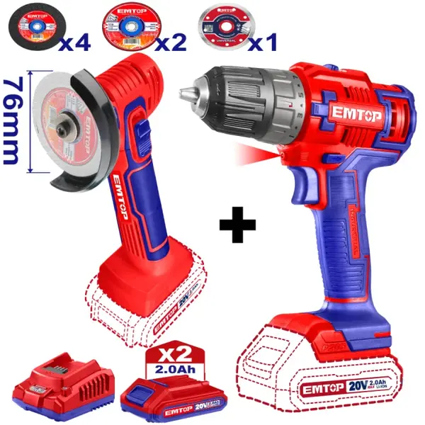Pachet promo Mini polizor unghiular, 76mm, 7 discuri incluse + Masina de gaurit si insurubat + 2 acumulatori 2.0AH