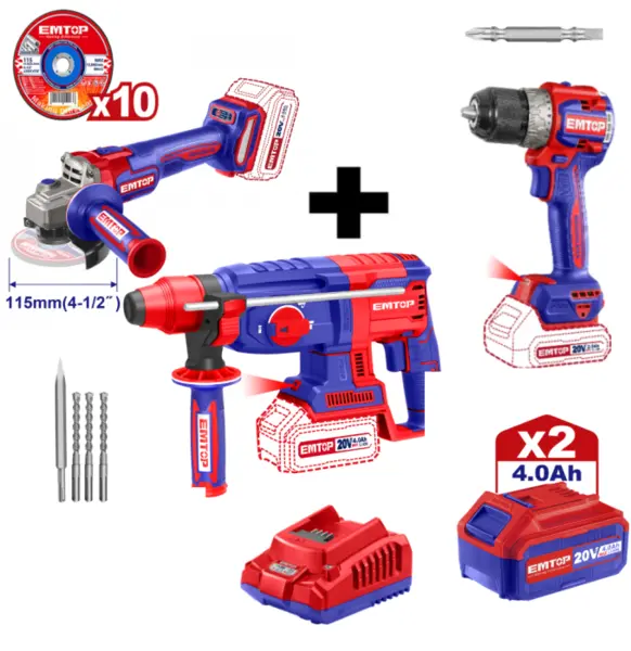 Pachet promo Polizor unghiular, motor fara perii (brushless), 115mm, 10 discuri incluse + Ciocan rotopercutor + Masina de gaurit si insurubat + 2 acumulatori 4.0Ah