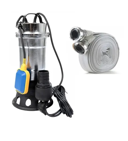 Pachet promo Pompa pentru apa murdara cu plutitor fara tocator, DDT, Inox, SWP2550F, 2550 W, 25 mc h + Furtunul de pompier 2 20 m, 8 bari, cu cuple