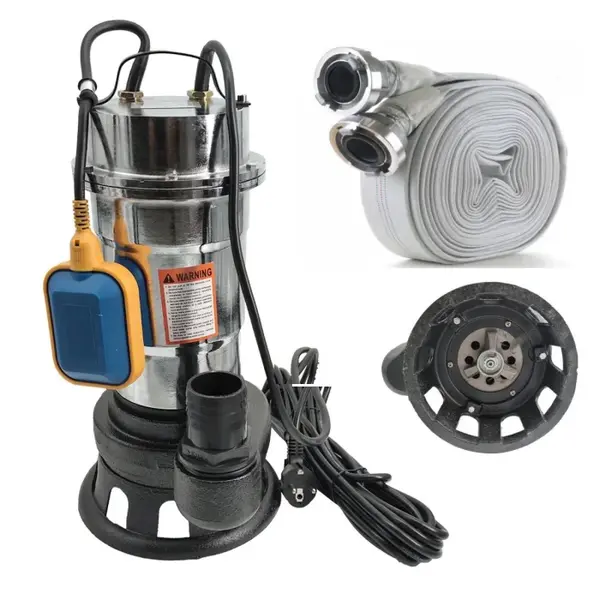 Pachet promo Pompa pentru apa murdara DDT, cu plutitor si tocator , 3000 W , Adancime evacuare maxim 8 Metri, corp inox + Furtunul de pompier 2 20 m, 8 bari, cu cuple