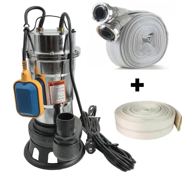 Pachet promo Pompa pentru apa murdara DDT, cu plutitor si tocator , 3000 W , Adancime evacuare maxim 8 Metri, corp inox + Furtunul de pompier 2 20 m, 8 bari, cu cuple + Furtunul de pompier 2 20 m