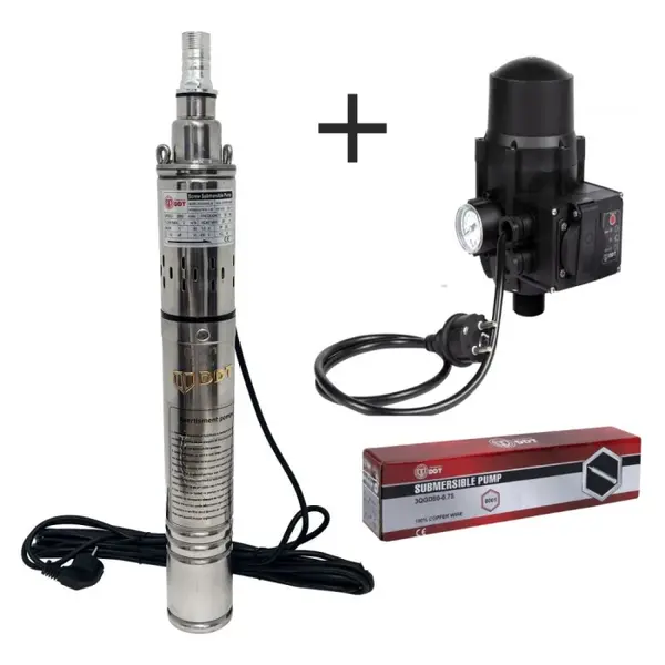 Pachet promo Pompa submersibila, DDT, 3QGD 0.75 kW, Inox, 75 mm diametru + Presostat electronic automat, DDT, LS-4