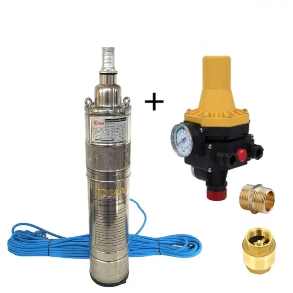 Pachet promo Pompa submersibila, DDT, QGD120, Inox complet, suruburi inox, sita protectie, 20 m cablu, 120 m, 3 m ³ h + Prescontrol LS6 + supapa de sens si niplu