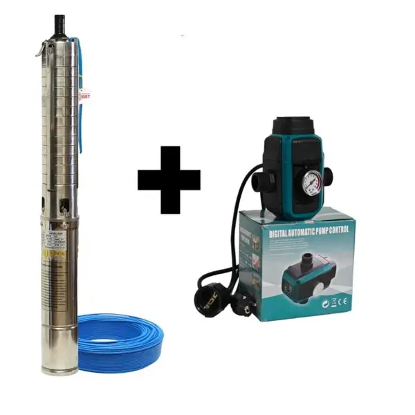 Pachet promo Pompa submersibila de adancime DDT 4SP5 12 , 1.8 kW, 2.5 CP,8 m ³ h, 90 m inaltimea de refulare , 12 turbine inox cu panou de control, rezistenta la nisip + Presostat electronic inteligent