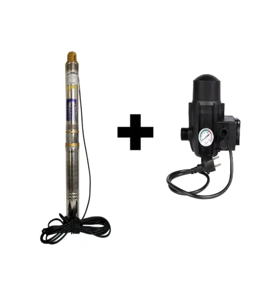 Pachet promo Pompa submersibila de adancime, DDT, QJD2-8, 1100 W, 8 turbine, Inox + Presostat electronic automat DDT, LS-4