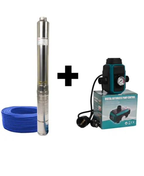 Pachet promo Pompa submersibila de mare adancime, DDT, 4SDM3-16, 2200 W, 16 turbine, 10 m ³ h Inox, 30 m cablu + Presostat electronic inteligent digital reglabil DDT