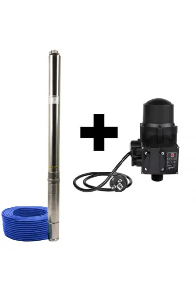 Pachet promo Pompa submersibila de mare adancime, DDT, 4SDM3-20, 2500 W, 20 turbine, 12 m ³ h Inox, 30 m cablu + Presostat electronic automat DDT, LS-4
