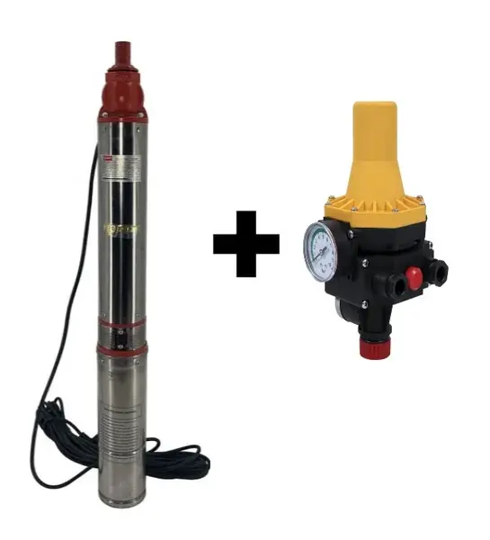 Pachet promo Pompa submersibila de mare adancime, DDT, QJD12-120-1.8, 1800 W, 8 m ³ h, 12 turbine, Inox + Presostat electronic automat DDT LS6, 1.1kW, 10 bar