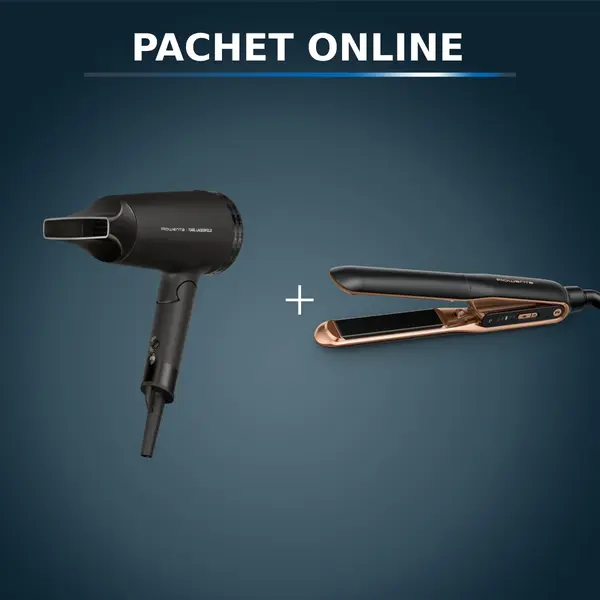 Pachet PROMO Uscator de par ROWENTA x Karl Lagerfeld Express Style CV184LF0 si Placa de indreptat parul Rowenta Ultimate Experience SF8120F0