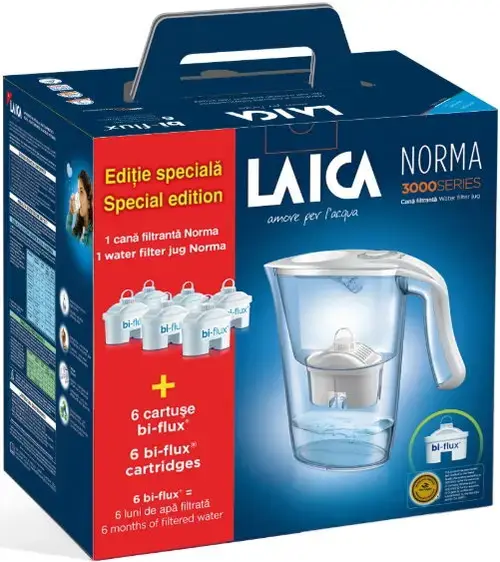 Pachet promotional Laica 6 cartuse Bi-flux + Cana filtrare apa Norma J9570A1 (Alb)