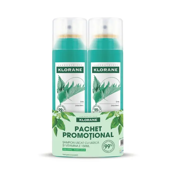 Pachet Sampon Uscat pentru Par Gras cu Vitamina E si Urzica BIO, 2 x 150 ml, Klorane