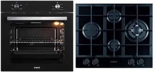 Pachet Samus B15 Cuptor incorporabil Samus SC621G4, Electric, 81 L, 4 functii + Plita incorporabila Samus PSG-64SG2, Gaz, 4 arzatoare, Arzător WOK, Aprindere electrica (Negru)