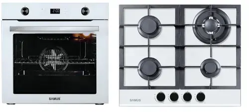 Pachet Samus ONL17 Cuptor incorporabil Samus SC626WGD9, 75 L, Electric, Grill, 9 Functii + Plita incorporabila Samus PSG-64SG3 White, Gaz, 4 arzatoare, Arzator WOK, Aprindere electrica (Alb)