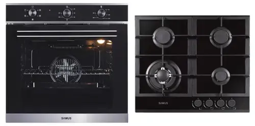 Pachet Samus ONL20 Cuptor incorporabil Samus SC623GX5, Electric, 75 L, 5 functii + Plita incorporabila Samus PSG-64SG1, Gaz, 4 arzatoare, Arzător WOK, Aprindere electrica (Negru)