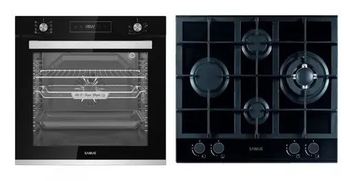 Pachet Samus ONL29 Cuptor incorporabil Samus SCE828GCF3D, 80 l, 2500 W, 8 functii, Clasa A, Gatire 3D, Grill, Ventilator, Timer digital, Curatare catalitica + Plita incorporabila Samus PSG-64SG2, Gaz, 4 arzatoare, Arzator WOK, Aprindere electrica (Negru)
