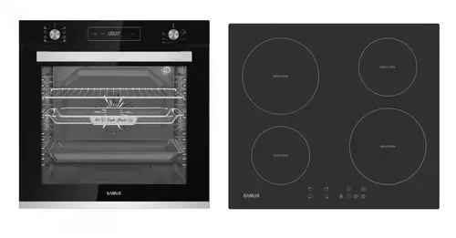 Pachet Samus ONL30 Cuptor incorporabil Samus SCE828GCF3D, 80 l, 2500 W, 8 functii, Clasa A, Gatire 3D, Grill, Ventilator, Timer, Curatare catalitica + Plita incorporabila SAMUS PSI-64BMG10, Inductie, 4 zone de gatit, 9 trepte, 7000 W (Negru)
