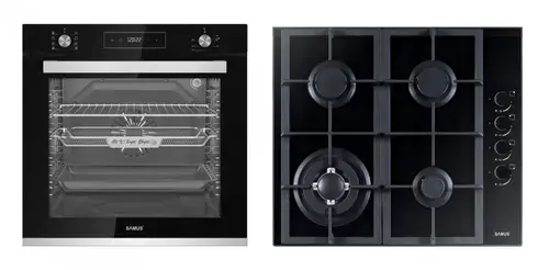 Pachet Samus ONL32 Cuptor incorporabil Samus SCE828GCF3D, 80 l, 2500 W, 8 functii, Clasa A, Gatire 3D, Grill, Ventilator, Timer digital + Plita incorporabila Samus PSG-64SG4, 4 Arzatoare, Aprindere electrica, Siguranta (Negru)