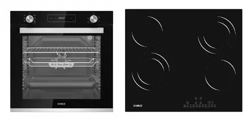 Pachet Samus ONL46 Cuptor incorporabil Samus SCE827GCF, 80 l, 2500 W, 7 Functii, Clasa energetica A, Timer digital, Grill electric, Ventilator, Curatare catalitica (Negru) + Plita incorporabila Samus PSVE-64BG3, Vitroceramica, 5800 W (Negru)
