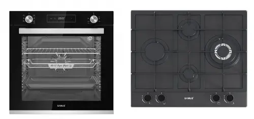 Pachet Samus ONL48 Cuptor incorporabil Samus SCE827GCF, 80 l, 2500 W, 7 Functii, Clasa energetica A, Timer digital, Grill electric, Ventilator, Curatare catalitica (Negru) + Plita incorporabila SAMUS PSG-64SMGN2, Gaz, 4 arzatoare, 58 cm (Negru)