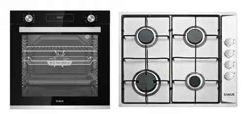 Pachet Samus ONL49 Cuptor incorporabil Samus SCE827GCF, 80 l, 2500 W, 7 Functii, Clasa energetica A, Timer digital, Grill electric, Ventilator, Curatare catalitica (Negru) + Plita incorporabila Samus PSG-64SX, 4 Arzatoare, Gaz (Argintiu)