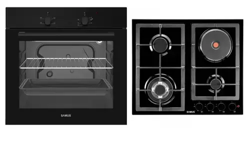 Pachet Samus ONL51 Cuptor incorporabil Samus SC620G4B, 62 l, 2200 W, Grill, 4 functii, Iluminare interioara (Negru) + Plita Incorporabila Mixta Samus PSGE-63SB1, 3 arzatoare pe gaz + 1 arzator electric (Negru)