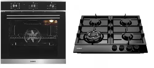 Pachet Samus ONL8 Cuptor incorporabil Samus SC628GX9, 2800 W, 75 l, 9 Functii, Grill, Clasa A + Plita incorporabila PSG-64SMB1, 4 arzatoare pe gaz, 1 arzator triplu, Montata pentru gaz natural (Negru)