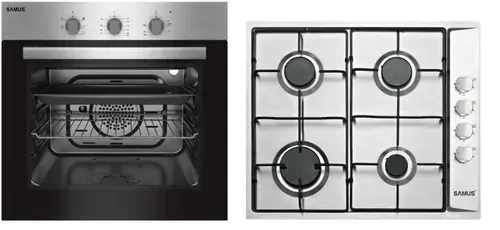 Pachet Samus V4 Cuptor incorporabil Samus SC616GTXV, Electric, 56 L, 5 functii + Plita incorporabila Samus PSG-64SX, 4 Arzatoare, Gaz, Sistem de siguranta (Negru/Inox)