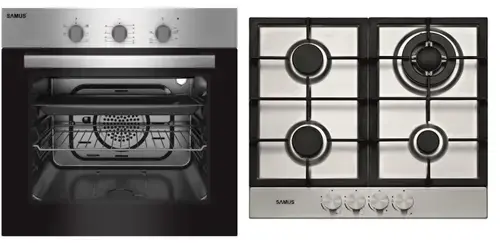 Pachet Samus V7 Cuptor incorporabil Samus SC616GTXV, Electric, 56 L, 5 functii + Plita incorporabila Samus PSG-64SX2, Gaz, 4 arzatoare, Arzator Wok, Aprindere electrica (Negru/Inox)
