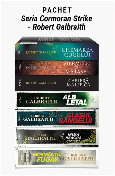 Pachet Seria Cormoran Strike - Robert Galbraith. Mormântul fugar/Inimă neagră ca noaptea/Glasul sângelui/Alb letal/Carieră malefică/Viermele de mătase/Chemarea cucului