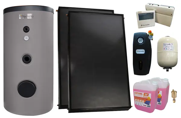 Pachet sistem solar presurizat, 2 x Panou solar plan Fornello 2.0 m² SPFP, Boiler Fornello Optima EV 7/5 S2, 200 Litri, Controller, Vas expansiune, Grup pompare, Aerisitor, Antigel