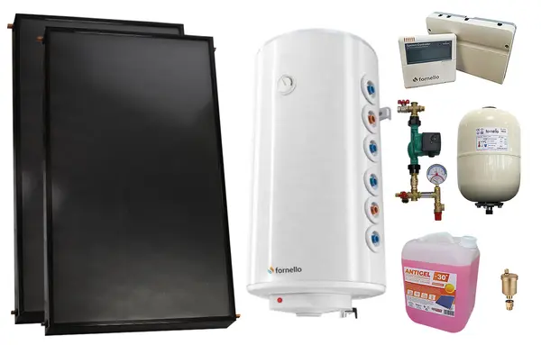 Pachet sistem solar presurizat, 2 x Panou solar plan Fornello 2.0 m² SPFP, Boiler cu 2 serpentine Fornello Optima GCV7/4S 150 l, grup pompare, controller, vas expansiune, antigel, aerisitor 1/2